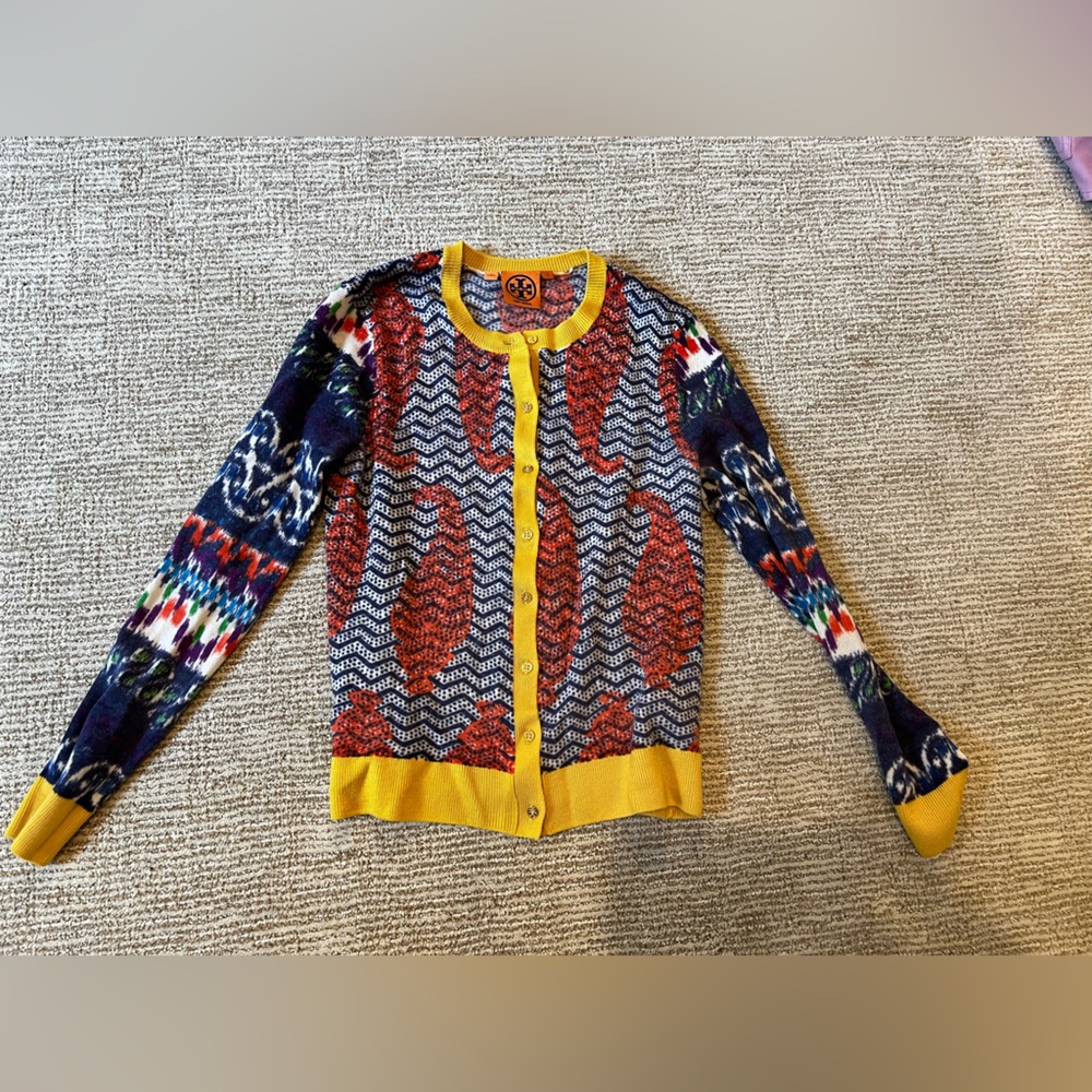 Tory Burch colorful designer merino wool cardigan size small